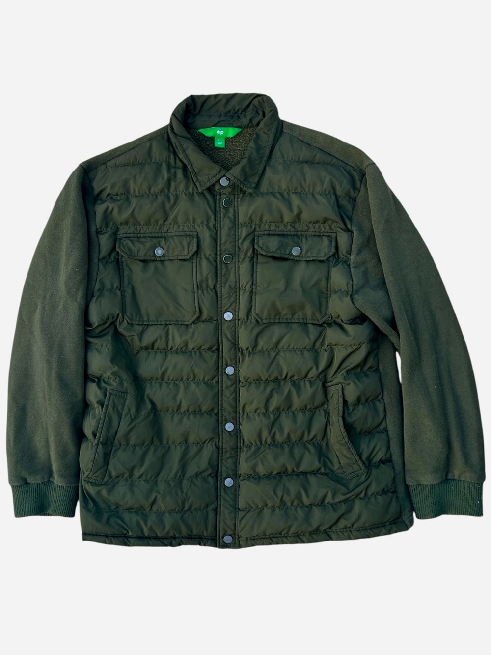 dip Olive Green Quilted Puffer Jacket with Button Front Size Large